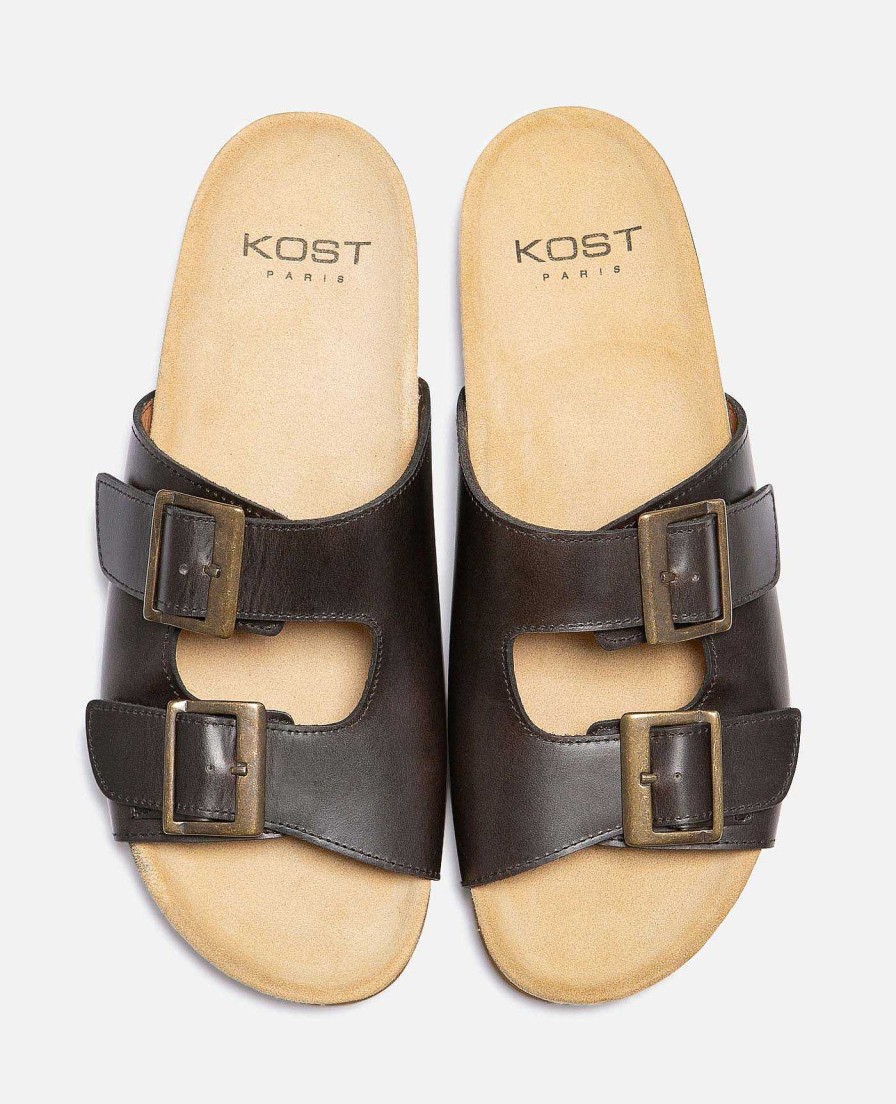 KOST Slippers En Sandalen | Heren Leren Gespen Antraciet Pantoffels